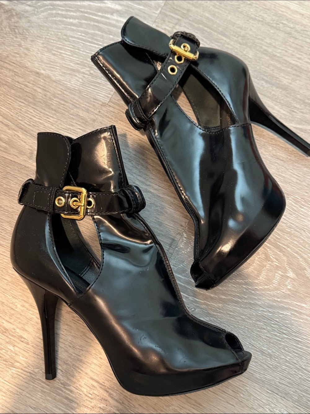 Louis Vuitton Black Patent Peep-Toe Stiletto Ankle Strap Heels with Gold Buckle